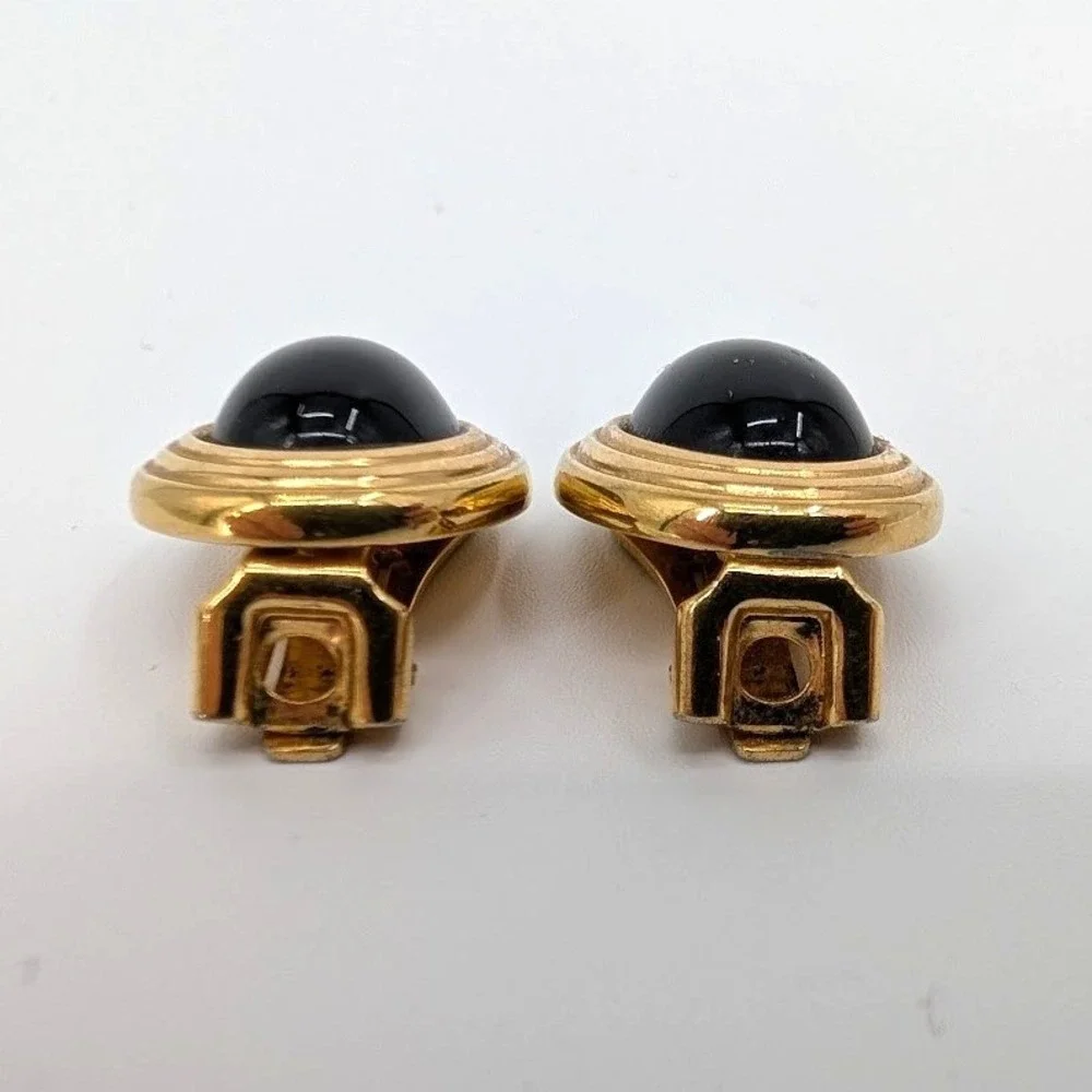 Vintage Christian Dior Black Cabochon Clip Earrings Gold Tone Oval 1980s‎ Signed - Picture 3 of 8